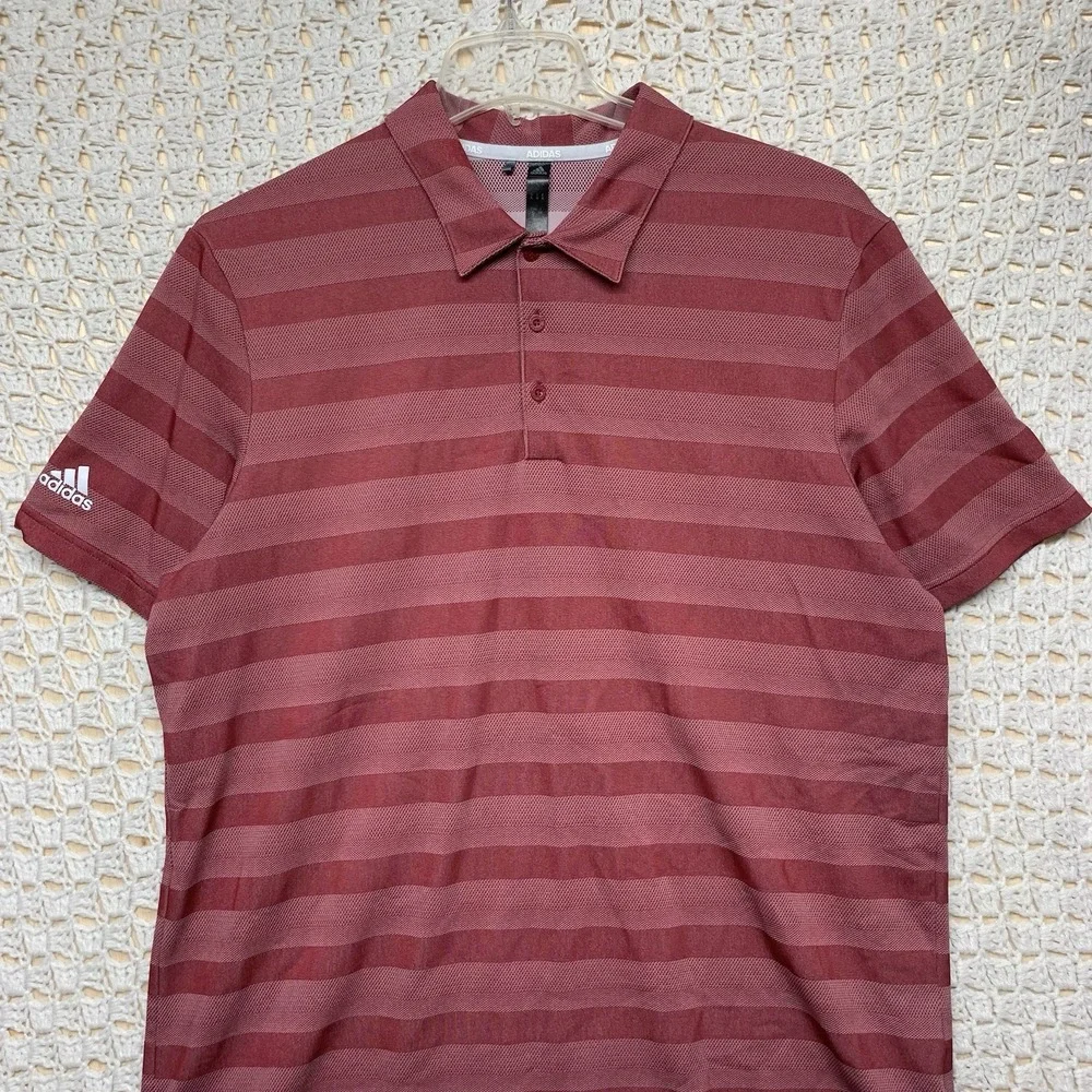 Adidas‎ Shirt Mens XL Pink Legacy Burgundy Striped golf polo shirt Short Sleeve